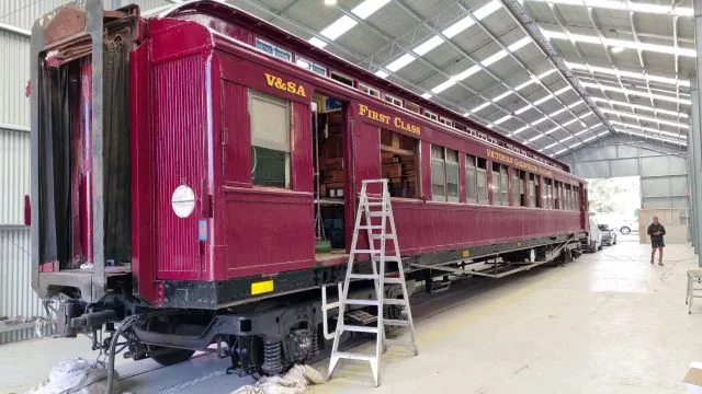 A heritage railway sleeping car during a Victorian Goldfields Railway restoration project involving JR Dixon Electrical