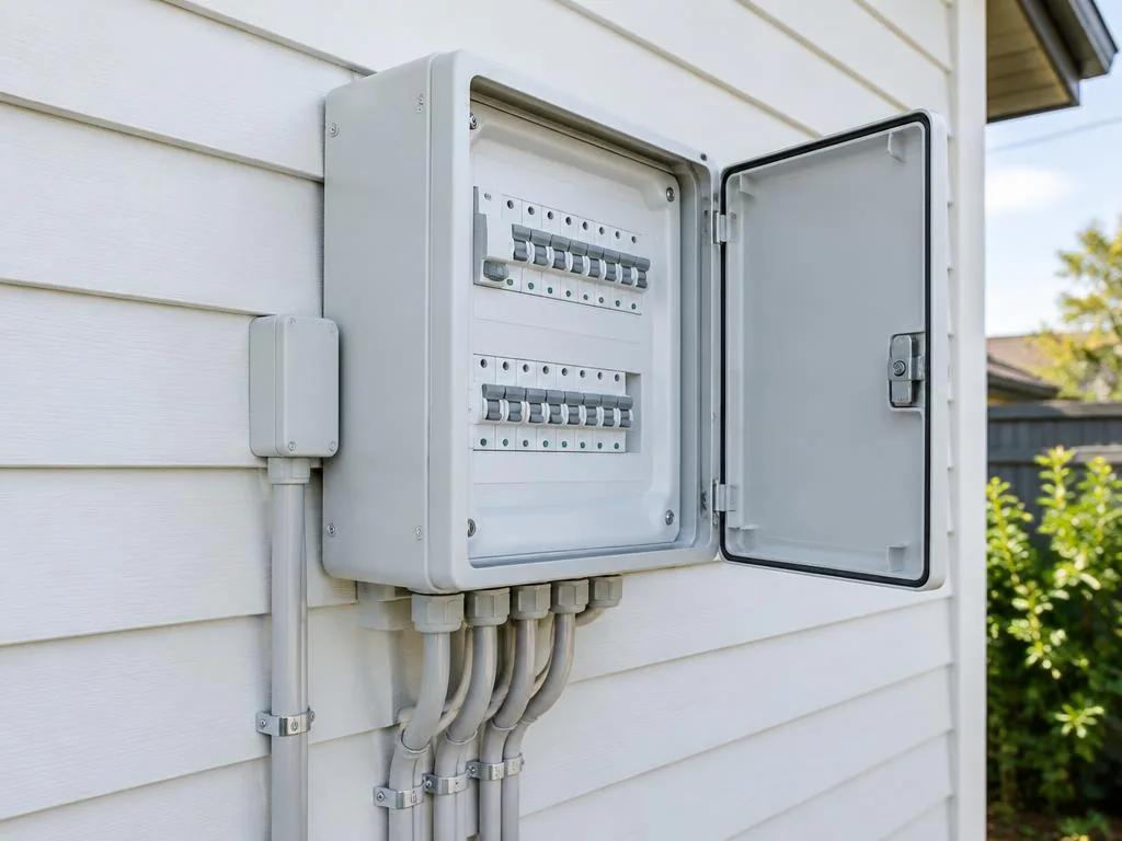 Modern residential switchboard with safety switches — illustrative image